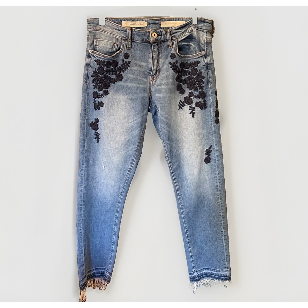 Anthropologie Pilcro 29 Slim Boyfriend Embroidered Statement Jeans Fringe Hem